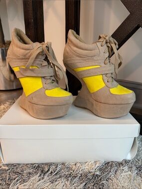 Beige and Yellow Suede Platform Heelless Wedge Sneakers - Women Shoes